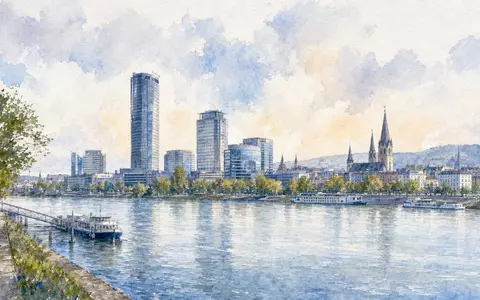 Deutsche Telekom AG (DE0005557508) hat ihren Hauptsitz in Bonn, gezeigt als stimmungsvolle Aquarell-Stadtansicht - Foto: THN