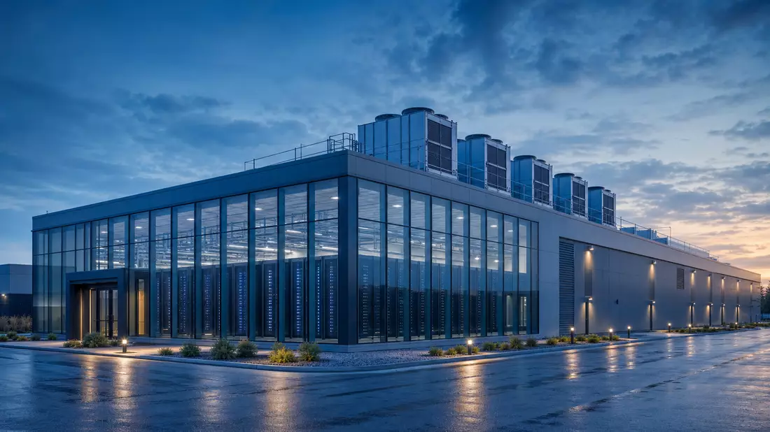 Architektur-Render eines modernen Rechenzentrumsgebäudes mit Glasfassade bei Dämmerung