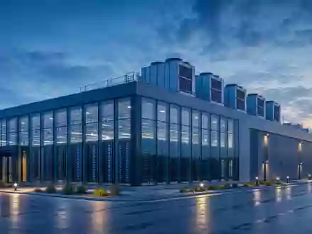 Deutsche Telekom AG (DE0005557508) betreibt moderne Rechenzentren, hier als architektonisches 3D-Render bei Dämmerung dargestellt - Foto: THN