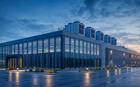 Deutsche Telekom AG (DE0005557508) betreibt moderne Rechenzentren, hier als architektonisches 3D-Render bei Dämmerung dargestellt - Foto: THN