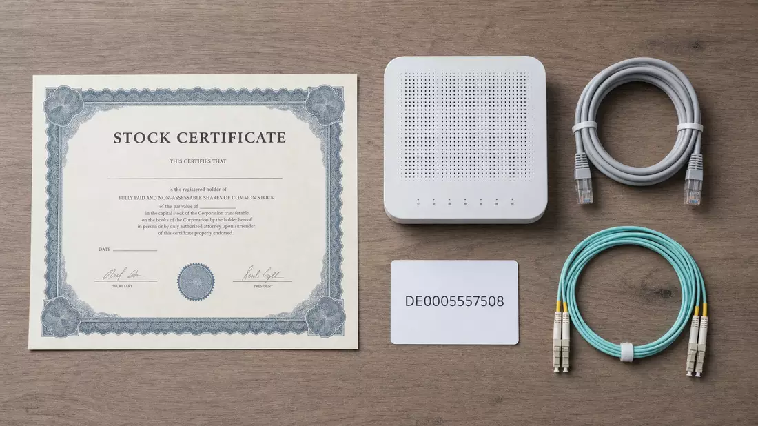 Flatlay mit Aktienzertifikat, ISIN-Karte, Heimrouter und Netzwerkkabeln von oben fotografiert