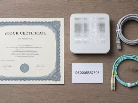 Deutsche Telekom AG (DE0005557508) als Investment dargestellt durch ein Flatlay mit Aktienzertifikat, ISIN-Karte und Router - Foto: THN