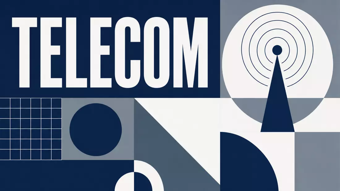Geometrisches Bauhaus-Poster in Blau und Grau mit Funkmast-Symbol und Text TELECOM