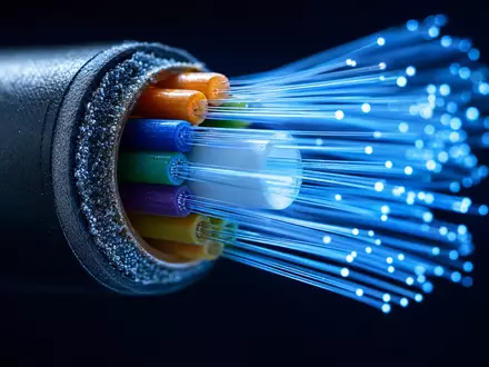 Deutsche Telekom AG (DE0005557508) setzt auf Glasfasertechnologie, hier als leuchtende Makroaufnahme eines Glasfaserkabels gezeigt - Foto: THN