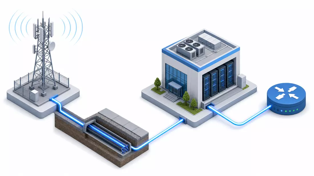 Isometrische 3D-Illustration der Netzwerk-Wertschöpfungskette von Funkmast bis Router