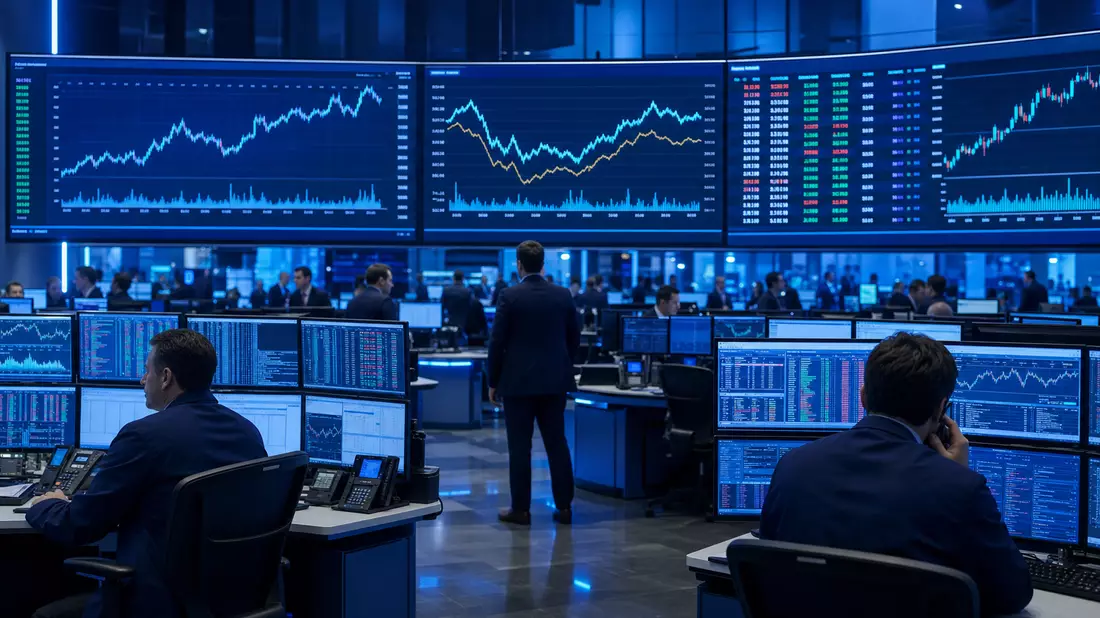Trading-Floor mit großen Bildschirmen, Aktiencharts und den Begriffen DAX und Xetra