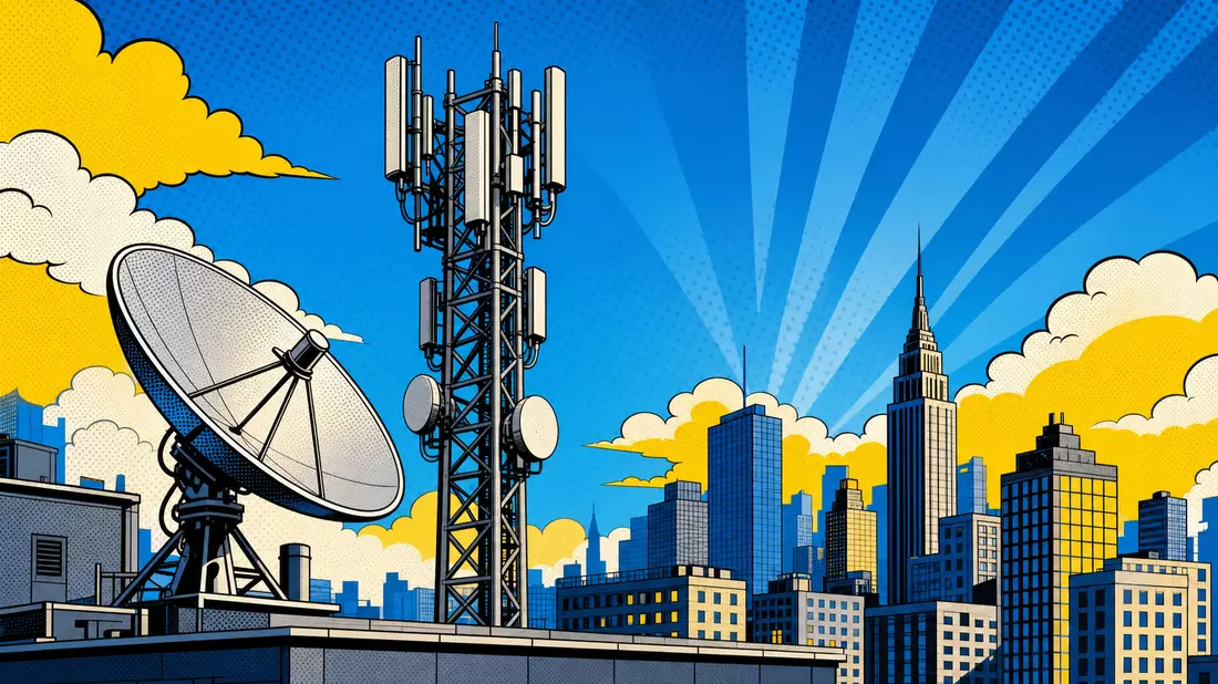 Pop-Art-Comic-Illustration einer Stadtszene mit Funkmast und Satellitenschüssel in Blau und Gelb