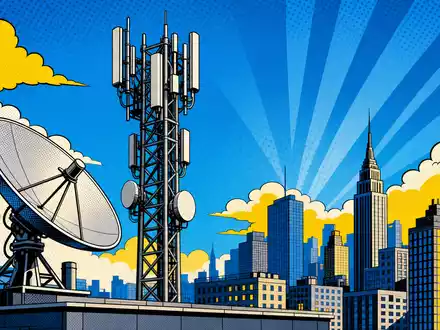 Deutsche Telekom AG (DE0005557508) inspiriert diese knallige Pop-Art-Comic-Szene mit Funkmast, Satellitenschüssel und Stadtsilhouette - Foto: THN