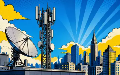 Deutsche Telekom AG (DE0005557508) inspiriert diese knallige Pop-Art-Comic-Szene mit Funkmast, Satellitenschüssel und Stadtsilhouette - Foto: THN