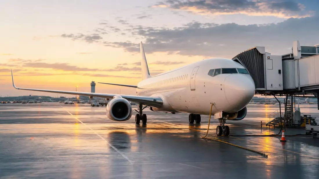 Weißes Flugzeug am Gate im Morgenlicht, Symbolbild Luftverkehr