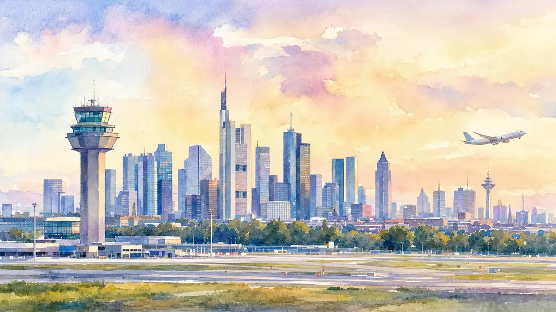 Aquarellbild Frankfurter Skyline mit Tower und startendem Flugzeug