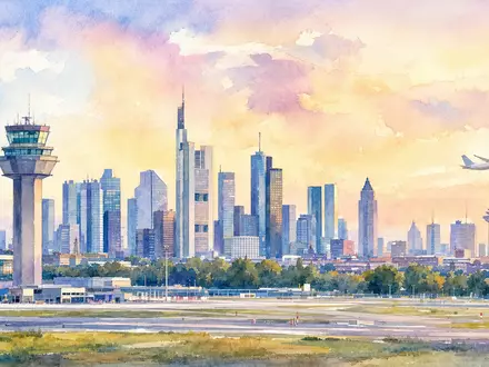 Aquarellmalerei der Frankfurter Skyline mit startendem Flugzeug repräsentiert Deutsche Lufthansa AG, ISIN DE0008232125, Standort - Foto: THN