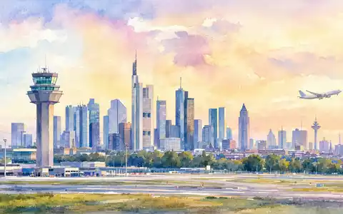Aquarellmalerei der Frankfurter Skyline mit startendem Flugzeug repräsentiert Deutsche Lufthansa AG, ISIN DE0008232125, Standort - Foto: THN