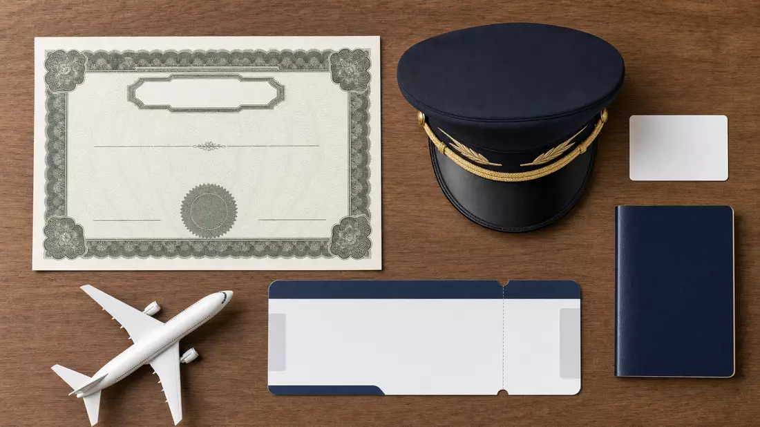 Flatlay mit Zertifikat, Bordkarte, Pilotenmütze und Flugzeugmodell