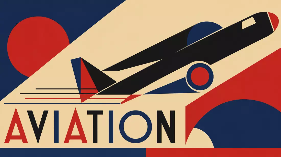 Bauhaus-Poster mit abstrakter Flugzeugform und Schriftzug AVIATION