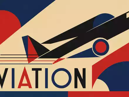 Geometrisches Bauhaus-Poster mit Flugzeugsilhouette und Schriftzug AVIATION steht für Deutsche Lufthansa AG, ISIN DE0008232125, Branche - Foto: THN