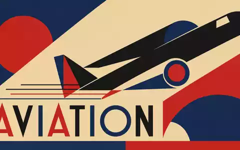 Geometrisches Bauhaus-Poster mit Flugzeugsilhouette und Schriftzug AVIATION steht für Deutsche Lufthansa AG, ISIN DE0008232125, Branche - Foto: THN