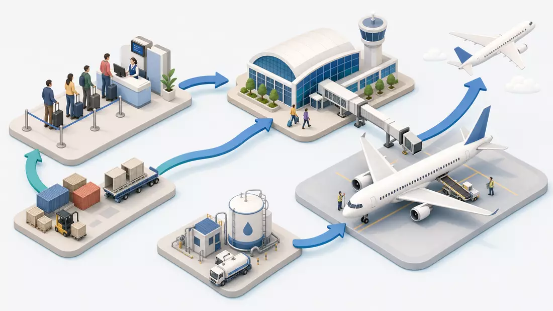 Isometrisches Diagramm der Prozesskette vom Check-in bis Start