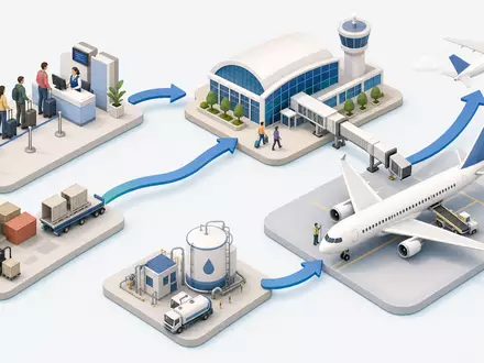 Isometrische 3D-Grafik der Luftverkehrs-Wertschöpfungskette illustriert Geschäftsprozesse der Deutsche Lufthansa AG, ISIN DE0008232125 - Foto: THN