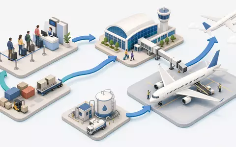 Isometrische 3D-Grafik der Luftverkehrs-Wertschöpfungskette illustriert Geschäftsprozesse der Deutsche Lufthansa AG, ISIN DE0008232125 - Foto: THN
