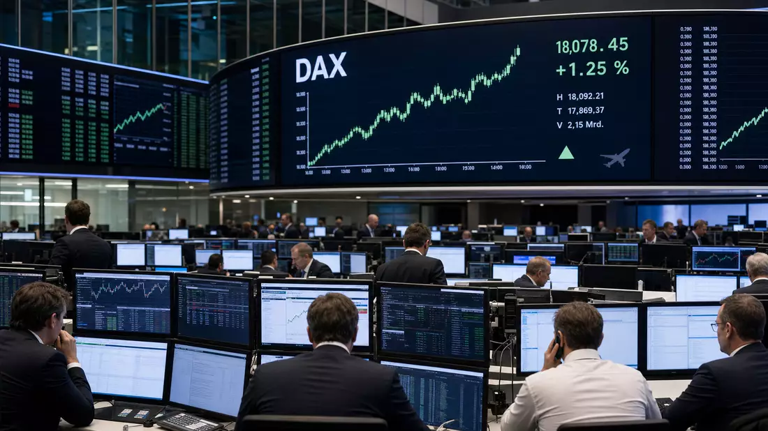 Trading-Floor mit DAX-Kurstafel und Händlern an Bildschirmen