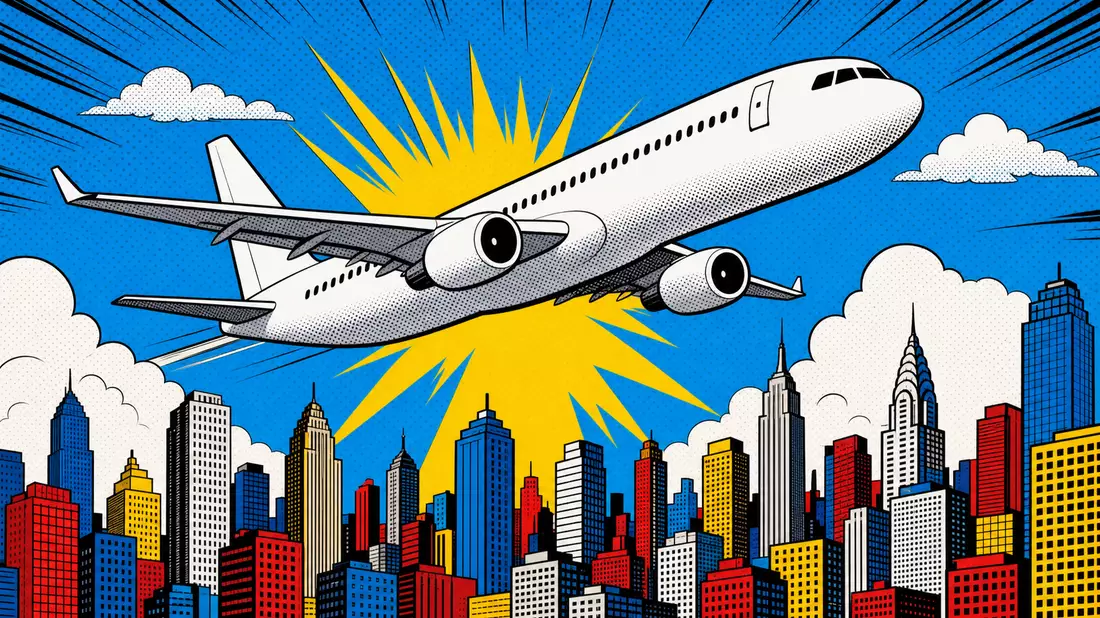Pop-Art-Comic mit Flugzeug über bunter Stadtsilhouette