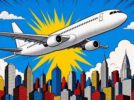 Farbenfrohes Pop-Art-Comic mit Flugzeug über Skyline zeigt Dynamik der Deutsche Lufthansa AG, ISIN DE0008232125 - Foto: THN