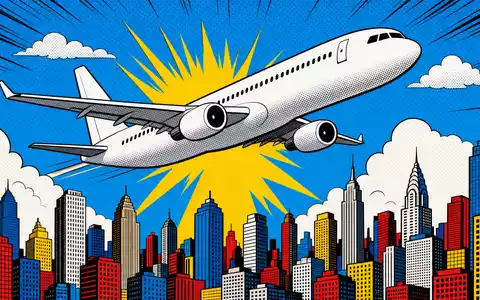 Farbenfrohes Pop-Art-Comic mit Flugzeug über Skyline zeigt Dynamik der Deutsche Lufthansa AG, ISIN DE0008232125 - Foto: THN