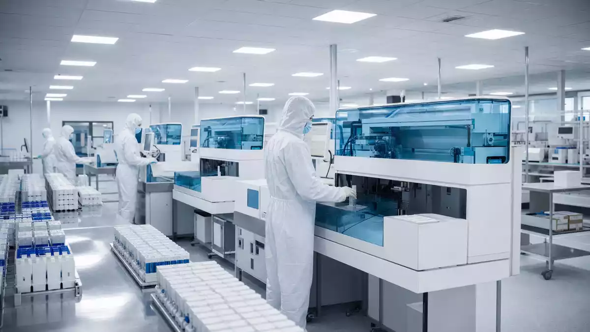 Techniker im Reinraum bedienen automatisierte Diagnostikgeräte in modernem Biotech-Labor