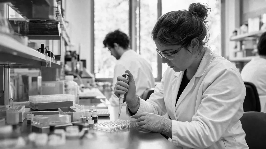 Dokumentarische Schwarzweißaufnahme von Wissenschaftlern bei Laborarbeit mit Pipette