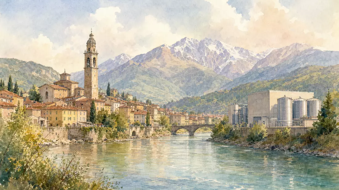 Aquarellbild einer italienischen Flussstadt mit Alpenpanorama und Industriegebäude