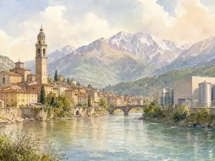 Aquarellmalerei einer norditalienischen Stadt am Fluss, symbolisiert Sitz von DiaSorin S.p.A., ISIN IT0003497168, mit Alpenblick - Foto: THN