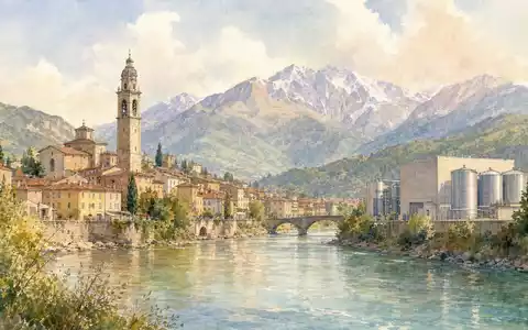 Aquarellmalerei einer norditalienischen Stadt am Fluss, symbolisiert Sitz von DiaSorin S.p.A., ISIN IT0003497168, mit Alpenblick - Foto: THN