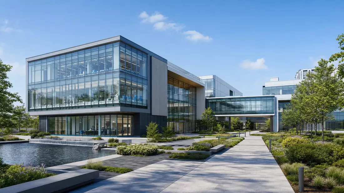 Architekturvisualisierung eines modernen Glas- und Stahl-Forschungsgebäudes mit Grünanlagen