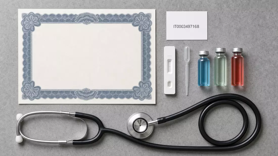 Flatlay mit Aktienzertifikat, ISIN-Karte, Diagnostiktest, Pipette und Reagenzgläsern