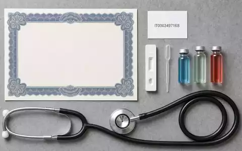 Flatlay mit Aktienzertifikat und ISIN-Karte IT0003497168, thematisch verbunden mit DiaSorin S.p.A. und Laborprodukten - Foto: THN