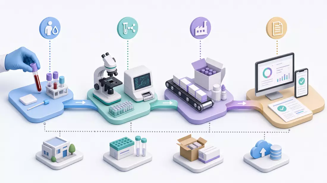 Isometrische 3D-Grafik zeigt Probenentnahme, Laboranalyse, Produktion und Berichterstattung