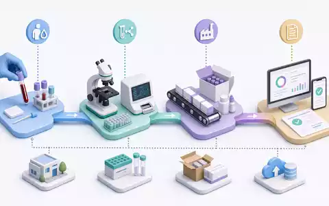 Isometrisches 3D-Diagramm der Diagnostik-Wertschöpfungskette, ähnlich Prozessen von DiaSorin S.p.A., ISIN IT0003497168, in Laboren - Foto: THN