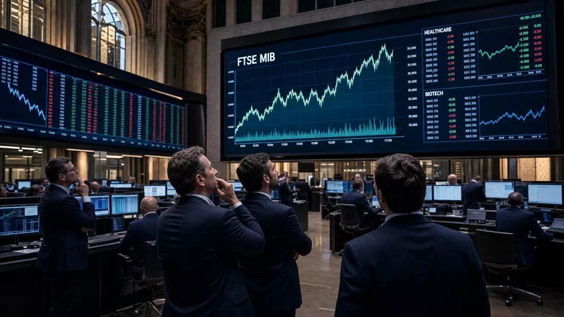 Trader beobachten Bildschirme mit FTSE-MIB-Kursverläufen auf einem Börsenparkett