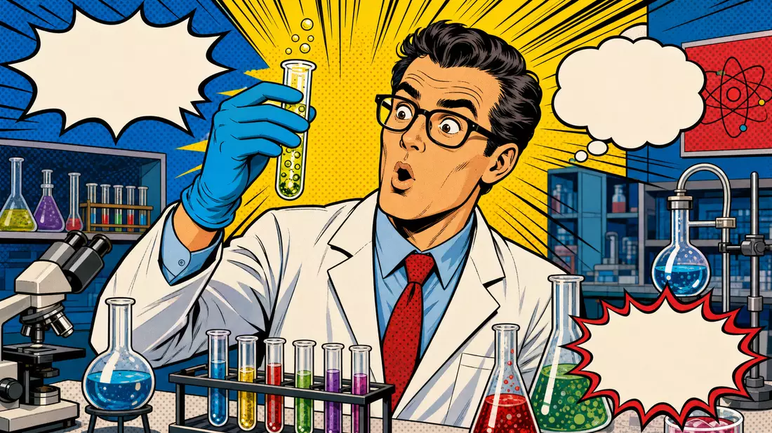 Pop-Art-Comic zeigt überraschten Wissenschaftler mit Reagenzglas im bunten Labor