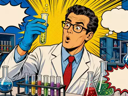 Farbenfrohe Pop-Art-Comicszene eines Wissenschaftlers, spielerische Hommage an DiaSorin S.p.A., ISIN IT0003497168, und Diagnostikbranche - Foto: THN