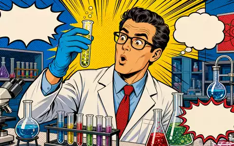 Farbenfrohe Pop-Art-Comicszene eines Wissenschaftlers, spielerische Hommage an DiaSorin S.p.A., ISIN IT0003497168, und Diagnostikbranche - Foto: THN