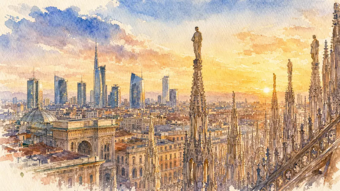 Aquarellmalerei der Mailänder Skyline mit Dom in weichen Pastelltönen