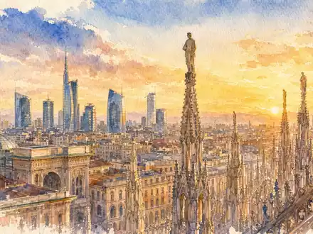 Aquarellgemälde der Mailänder Skyline symbolisiert den Hauptsitz von Amplifon S.p.A., ISIN IT0004056880, italienischer Gesundheitskonzern - Foto: THN