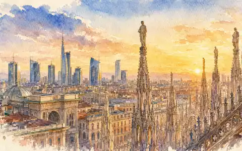 Aquarellgemälde der Mailänder Skyline symbolisiert den Hauptsitz von Amplifon S.p.A., ISIN IT0004056880, italienischer Gesundheitskonzern - Foto: THN