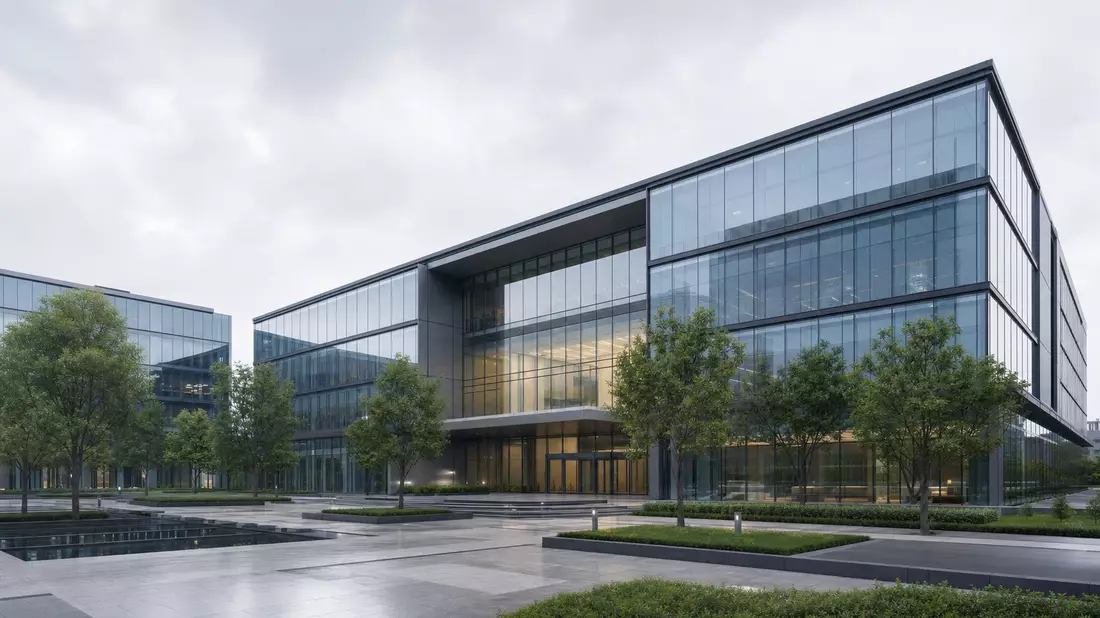 3D-Architekturvisualisierung eines modernen Glasbürogebäudes mit Grünflächen