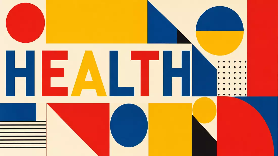 Bauhaus-Poster mit geometrischen Formen und dem Wort HEALTH in Blockschrift