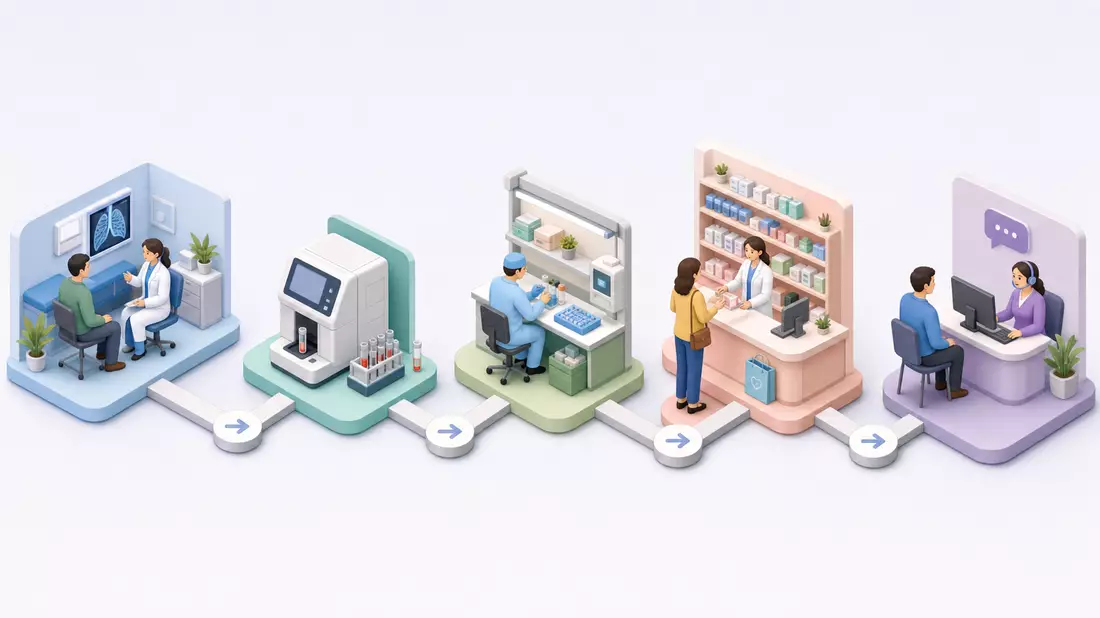 Isometrische 3D-Illustration einer Wertschöpfungskette von Diagnose bis Verkauf