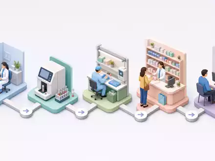 Isometrische 3D-Grafik der Wertschöpfungskette veranschaulicht Geschäftsmodell von Amplifon S.p.A., ISIN IT0004056880, im Gesundheitssektor - Foto: THN
