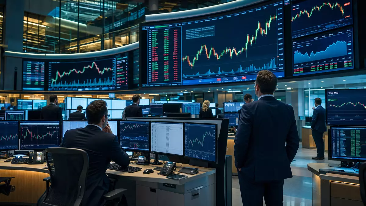 Editorial-Foto eines Trading-Floors mit Kurscharts und Healthcare-Sektorkürzel